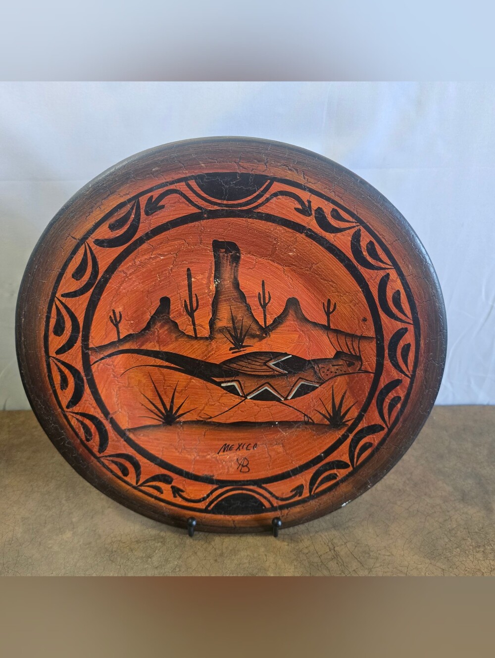 Hand-Painted Mexican Desert Clay Wall Plate - Orange and Black